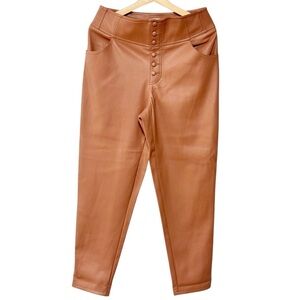 Bar lll Vegan Leather Light Brown High Waist Button Front Straight Leg Pant NWOT